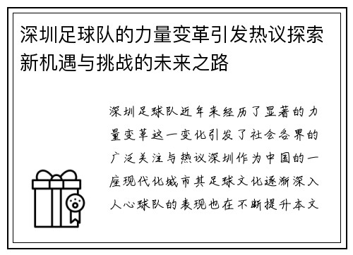 深圳足球队的力量变革引发热议探索新机遇与挑战的未来之路